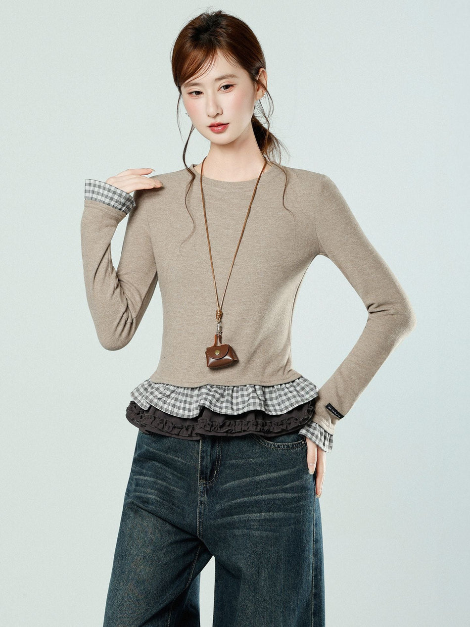 Women Velvet Lace Hem Slim Long Sleeve Winter Top