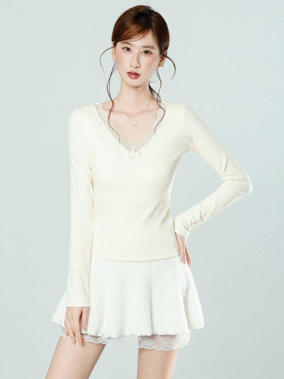 Women White Lace V-Neck Brushed Long Sleeve Top