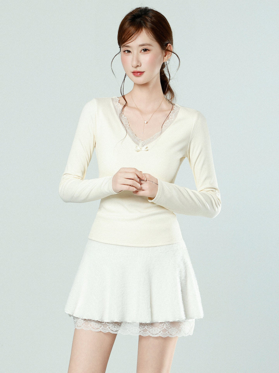Women White Lace V-Neck Brushed Long Sleeve Top