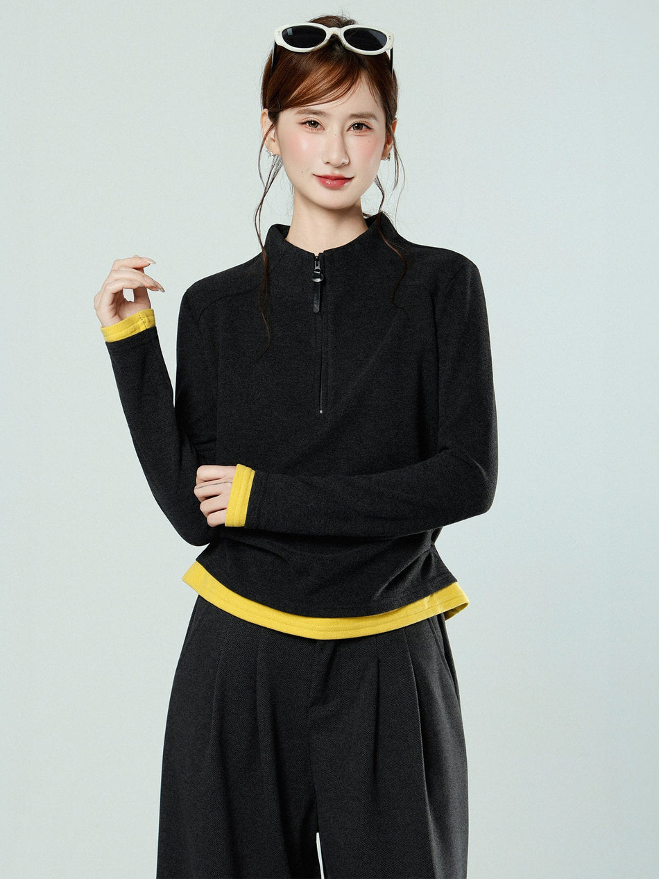 Women Dark Gray Velvet Half Turtleneck Winter Top