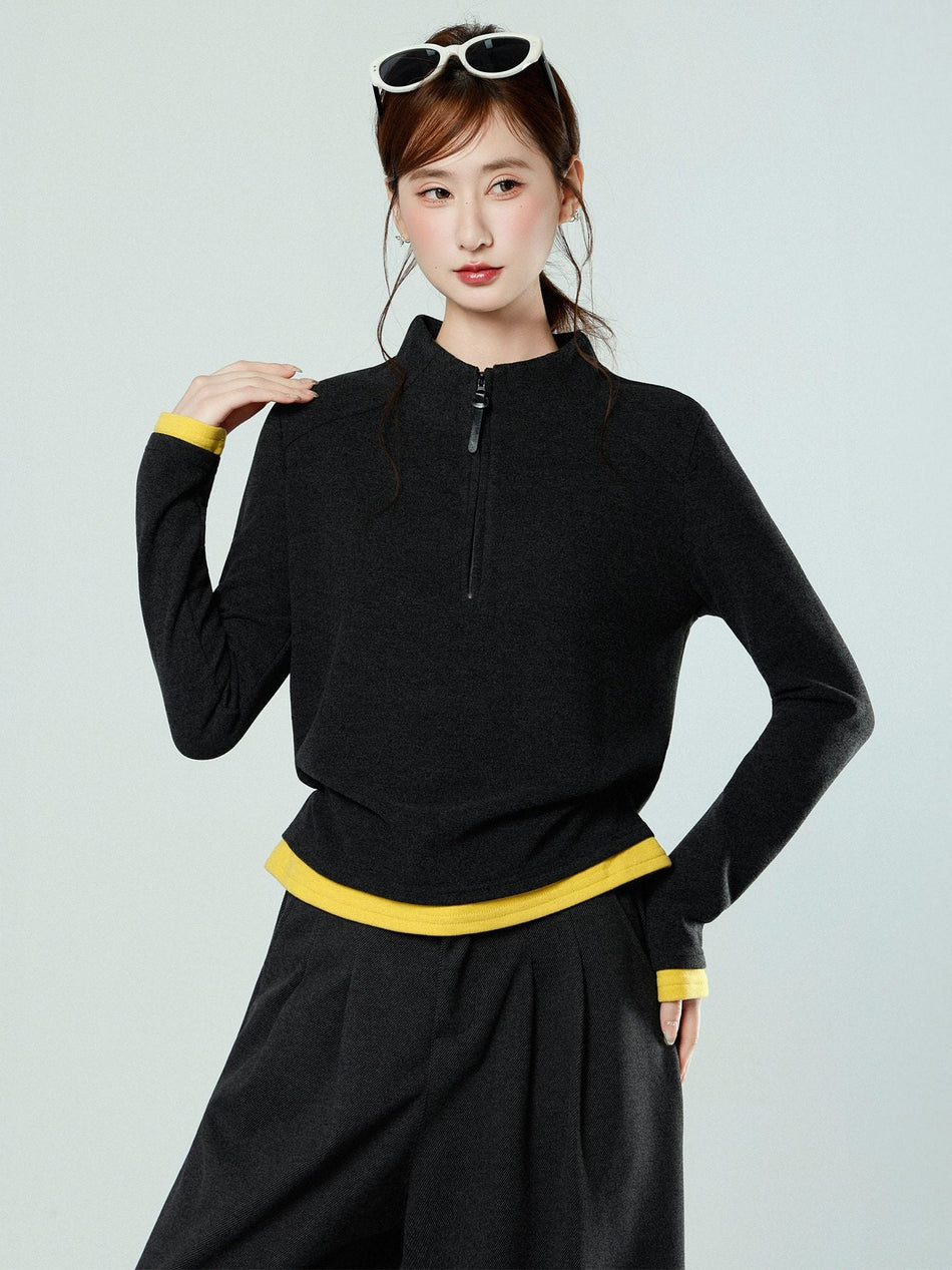 Women Dark Gray Velvet Half Turtleneck Winter Top