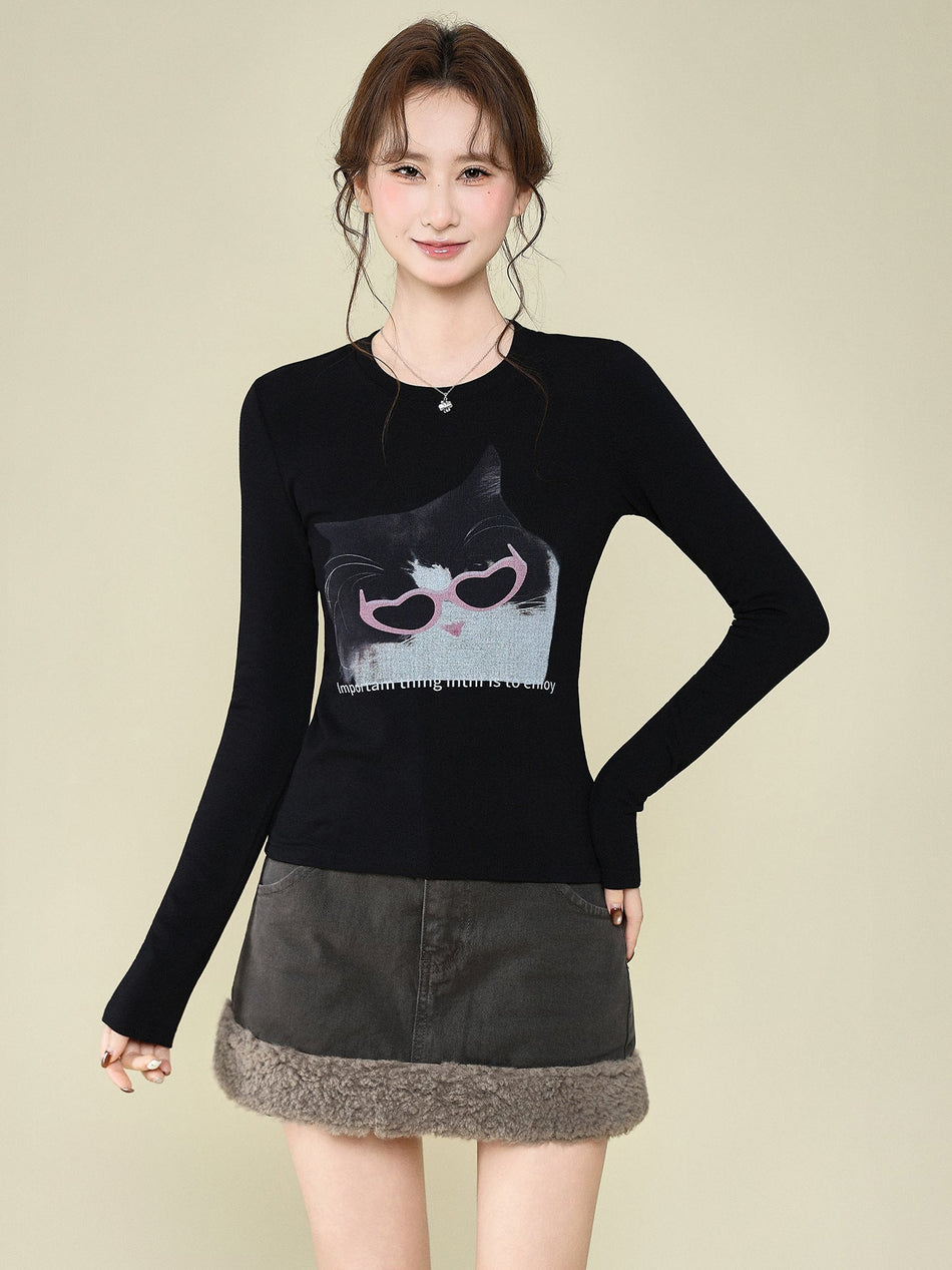 Women Black Cat Print Fleece Long Sleeve Winter Top