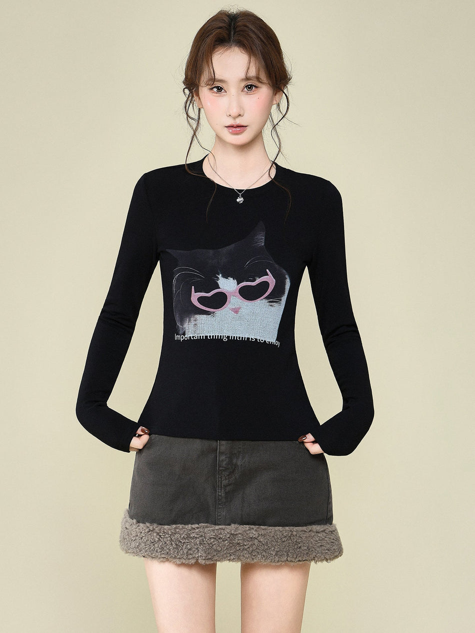 Women Black Cat Print Fleece Long Sleeve Winter Top