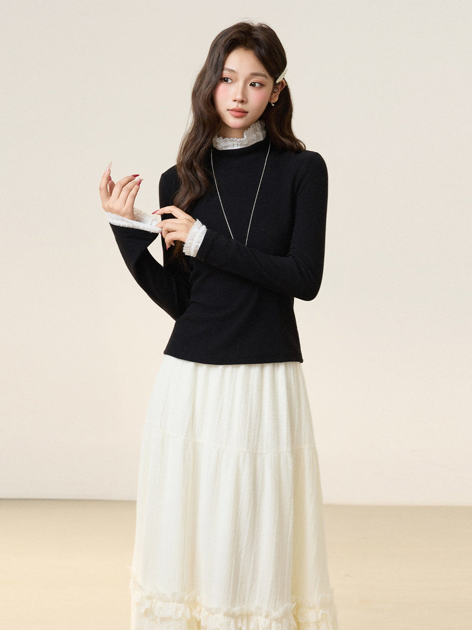 Women Black Lace Thermal Half Collar Winter Top