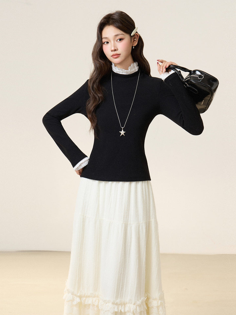 Women Black Lace Thermal Half Collar Winter Top