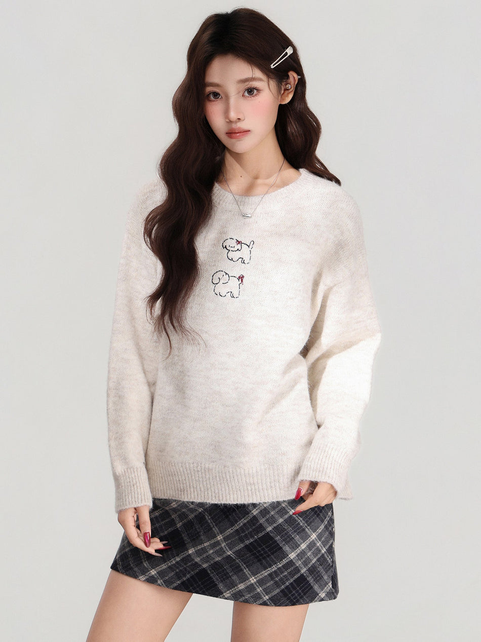 Women Puppy Embroidery Knit Long Sleeve Winter Sweater