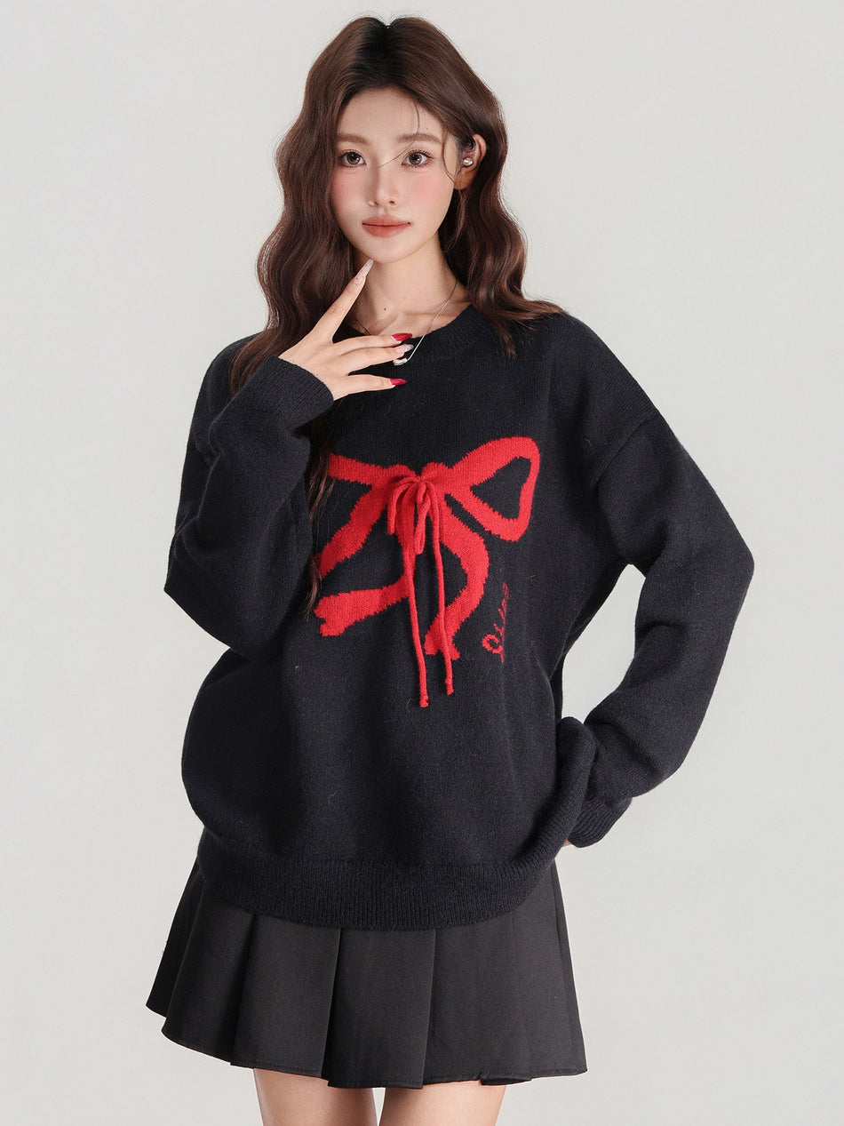 Women Bow Knit Long Sleeve Thick Winter Sweater Top