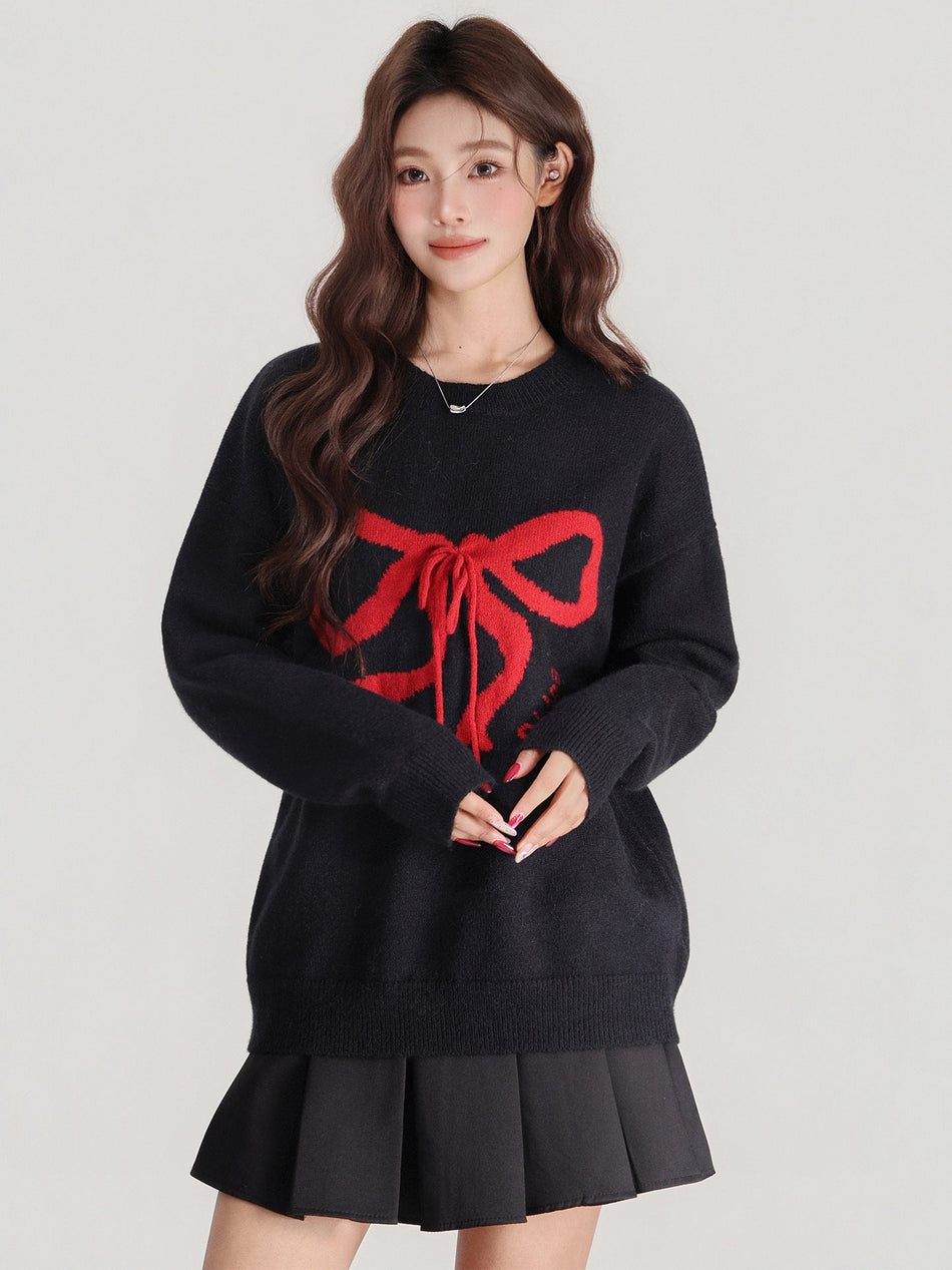 Women Bow Knit Long Sleeve Thick Winter Sweater Top