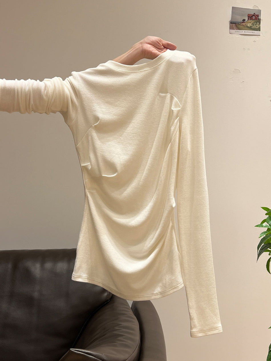Women White Ruched Slim Long Sleeve Autumn Top
