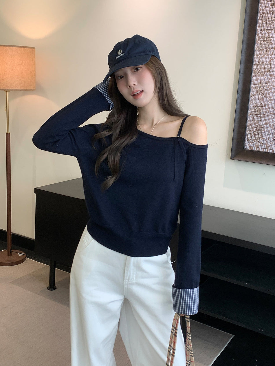 Korean Off-Shoulder Plaid Knit Women Winter Top