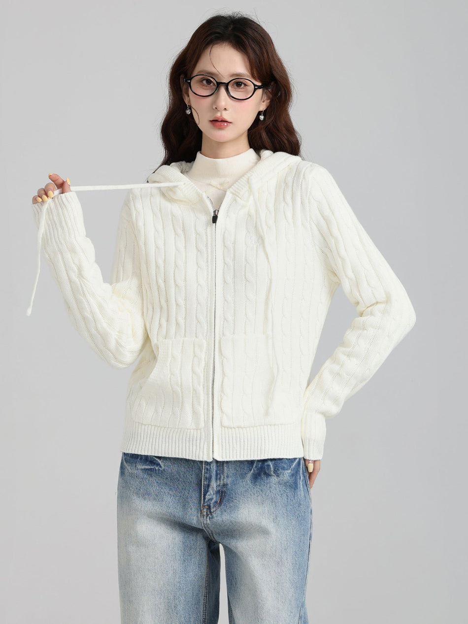 Women White Hooded Knit Cardigan Sweater Jacket