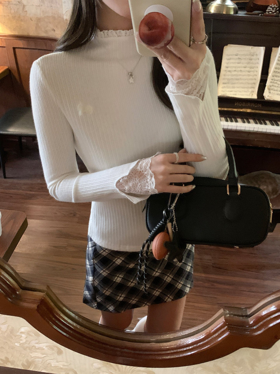 Women Lace Half Turtleneck Slim Fit Winter Autumn Top