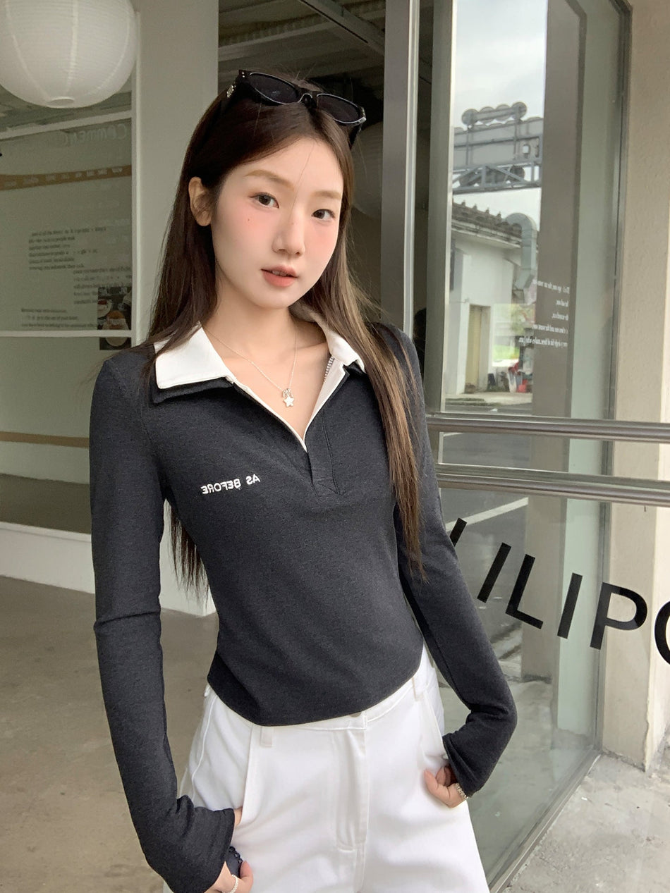Women Korean Style Polo Slim Fit Winter Top Shirt