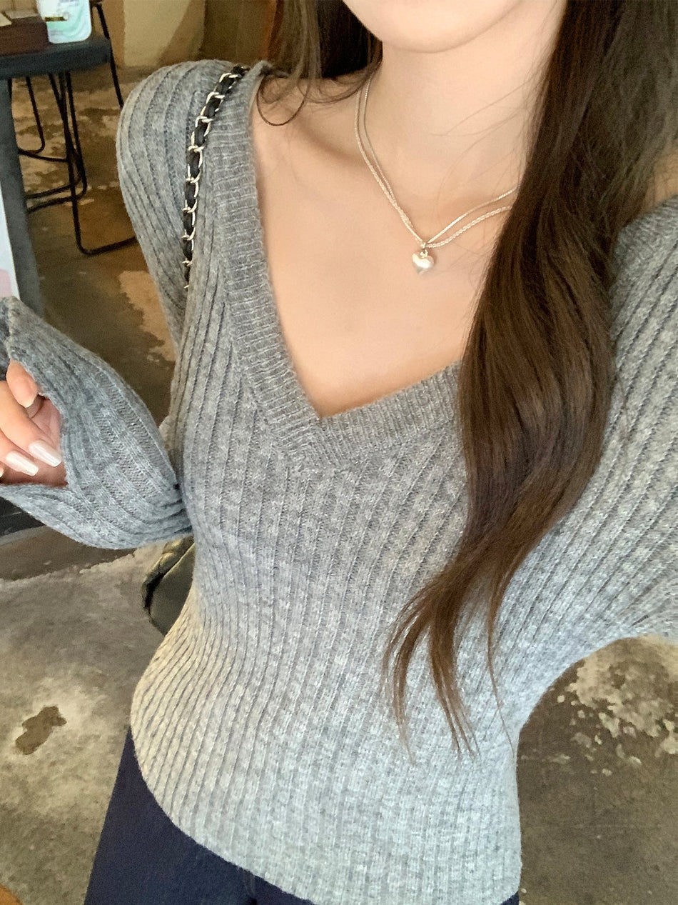 Women Gray Ribbed V-Neck Slim Fit Knit Top 2026