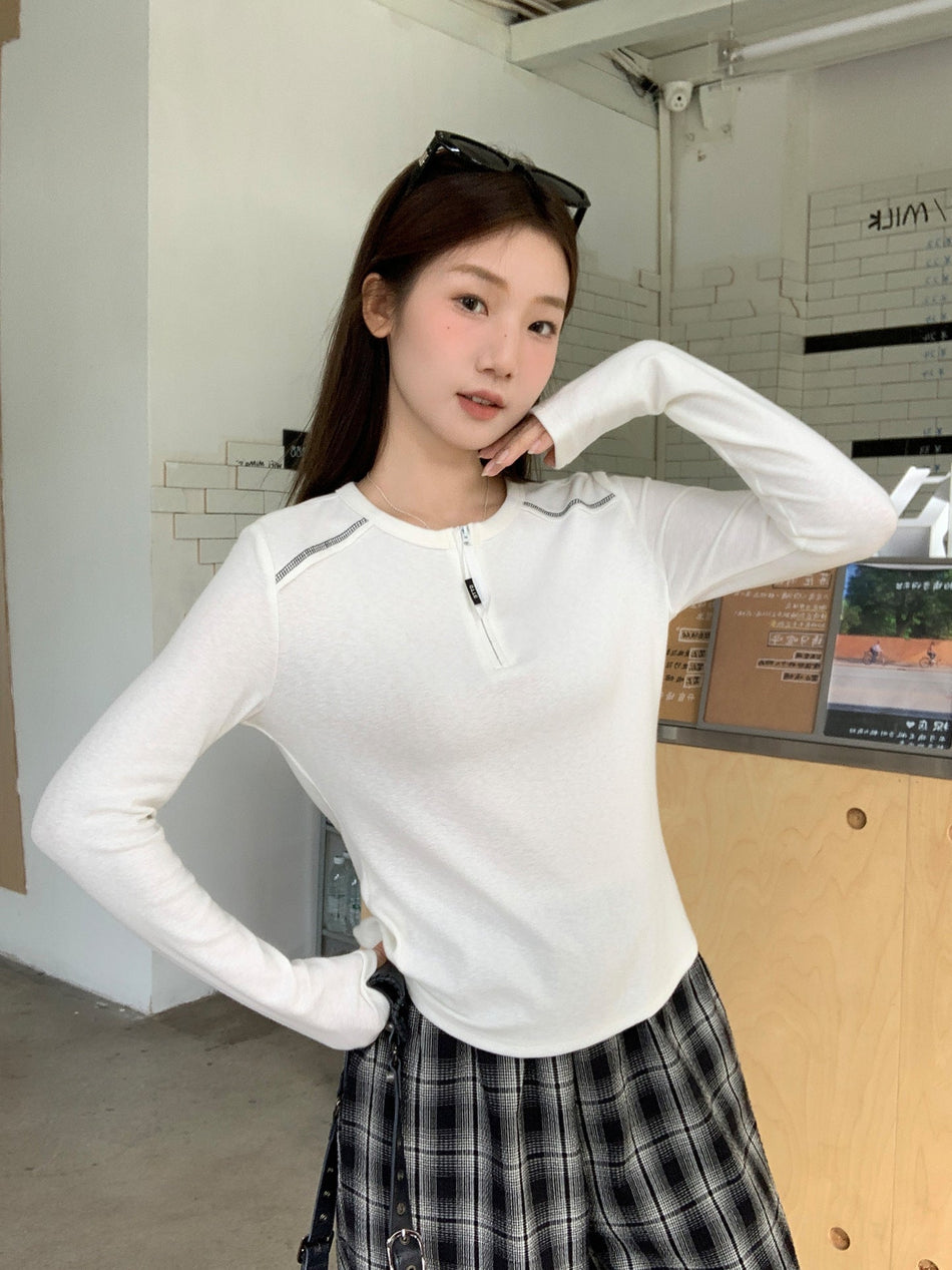Women White Half Zip Round Neck Slim Fit Winter Top
