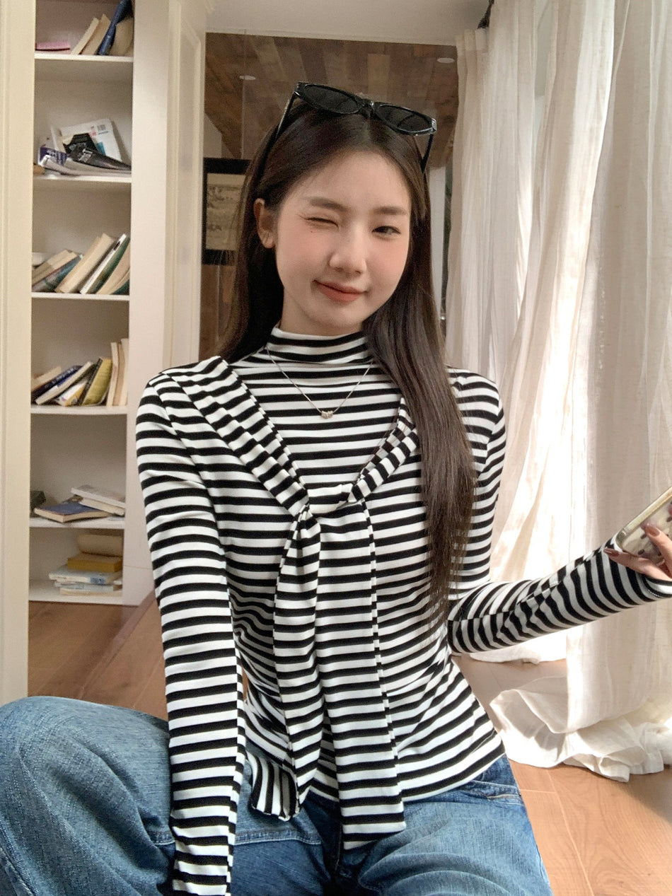 Women Striped Half High Collar Slim Fit Inner Top
