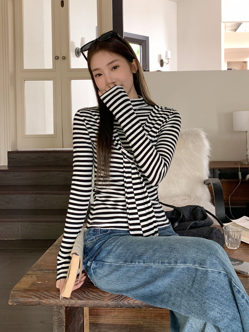 Women Striped Half High Collar Slim Fit Inner Top