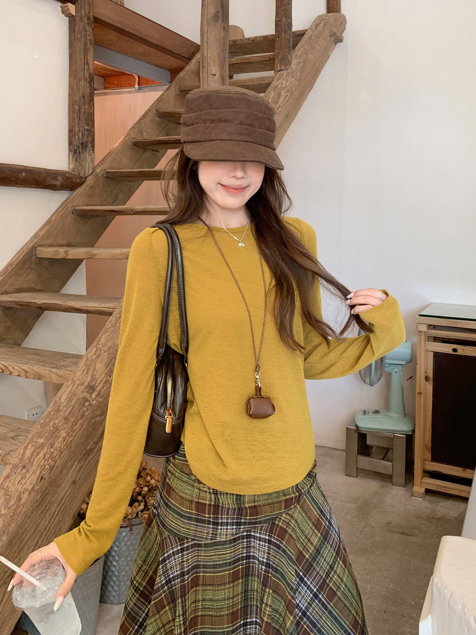 Women Retro Round Neck Loose Fit Long Sleeve Top