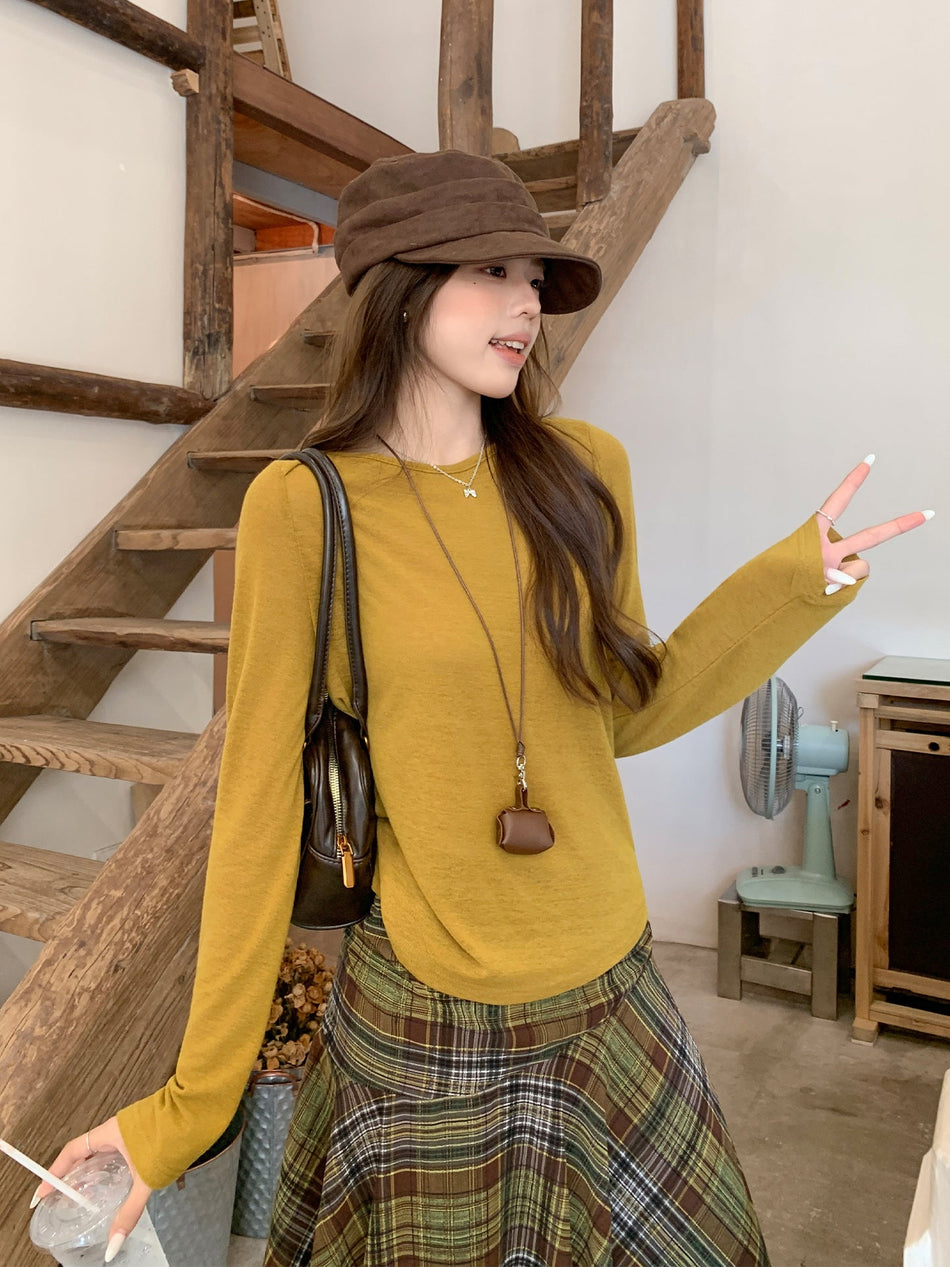Women Retro Round Neck Loose Fit Long Sleeve Top