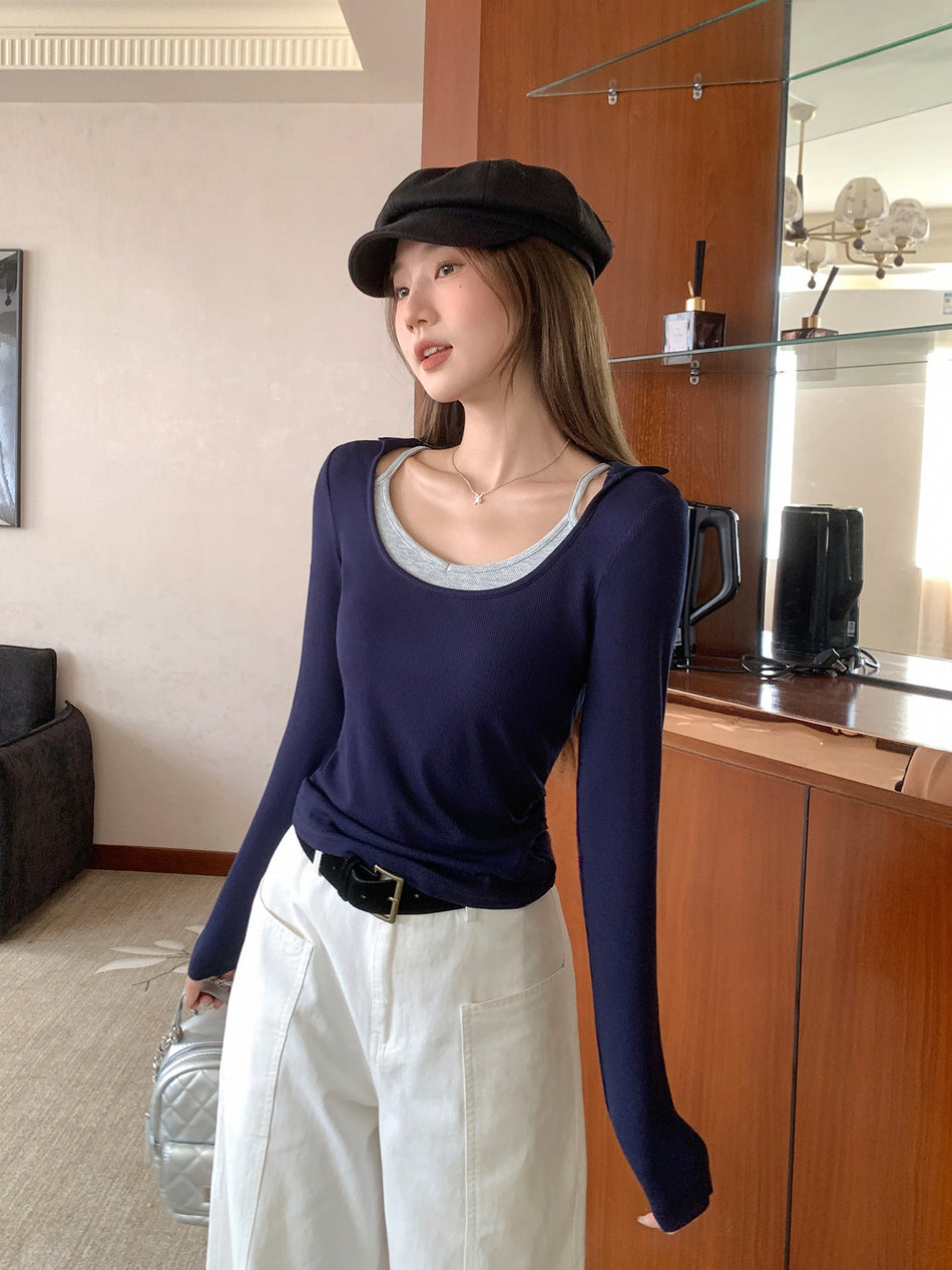 Women Korean U Neck Fake Two Piece Slim Fit Top