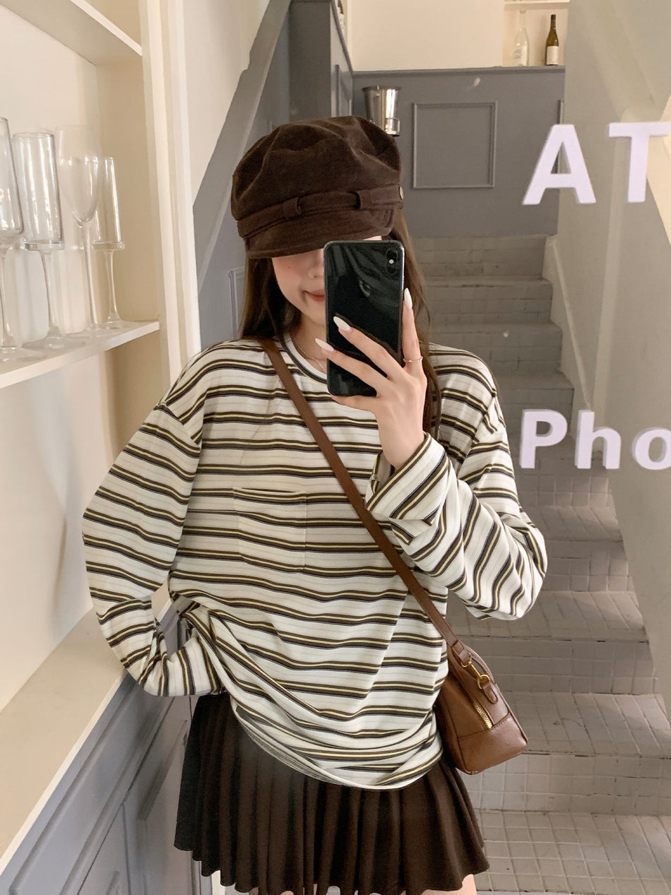 Women Striped Round Neck Loose Fit Pocket Top