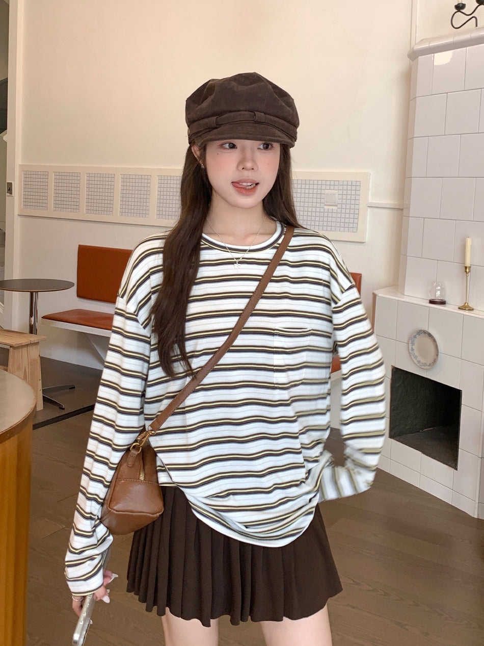 Women Striped Round Neck Loose Fit Pocket Top
