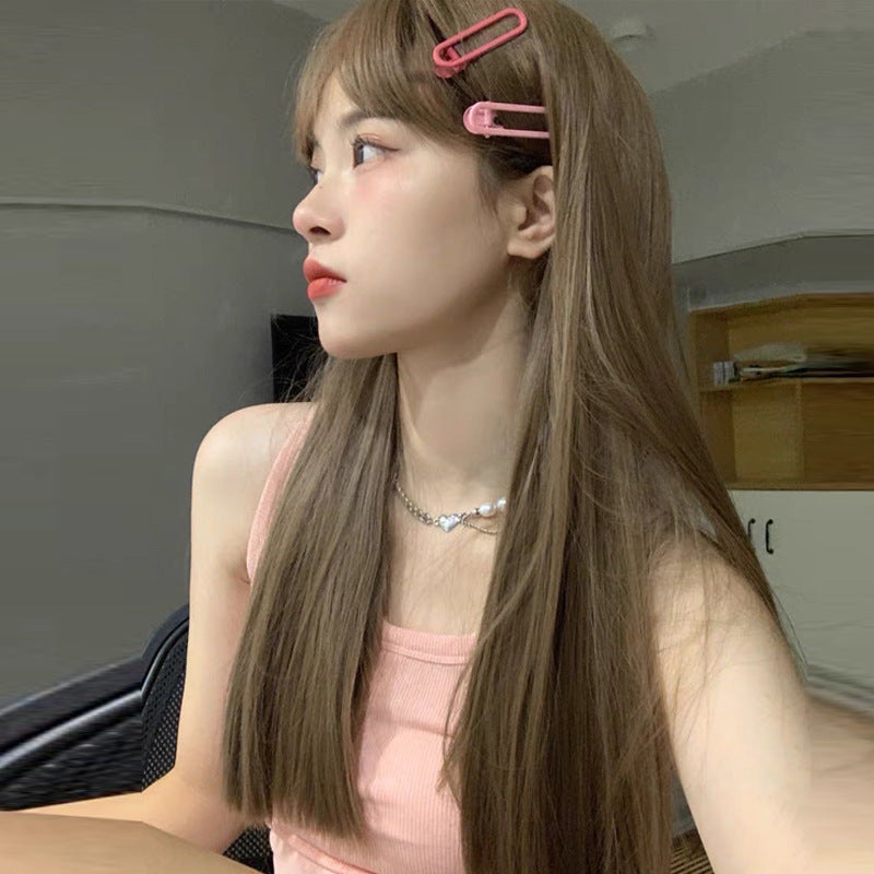 Women’s Black Long Straight Wig with Air Bangs