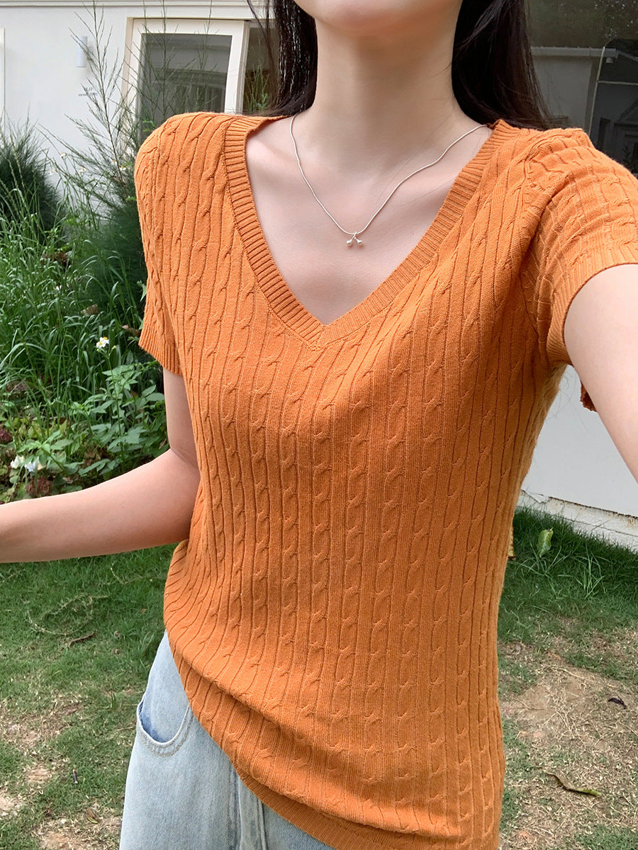 Twist Knit V-Neck Slim T-Shirt for Women Summer 2026