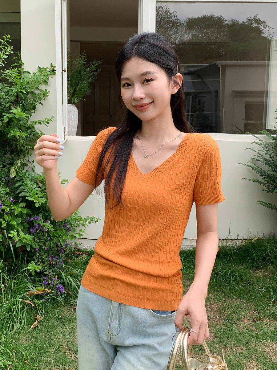 Twist Knit V-Neck Slim T-Shirt for Women Summer 2026