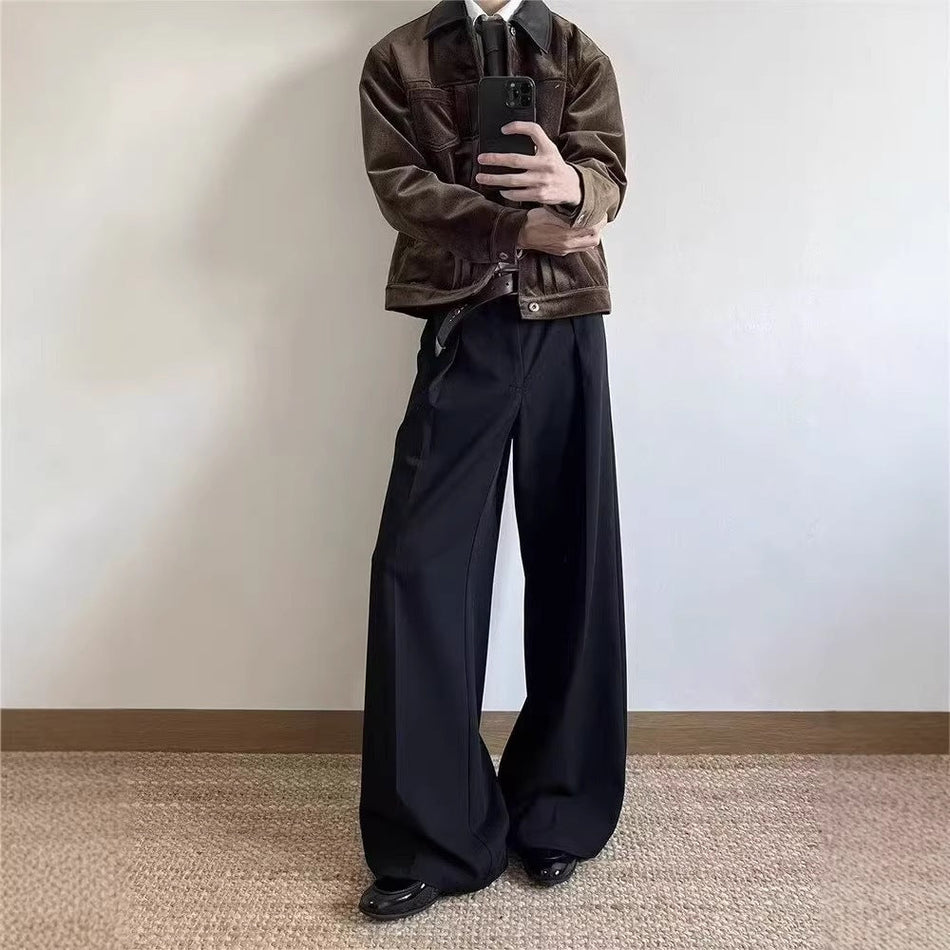 Korean Style Black Wide-Leg Suit Pants for Men