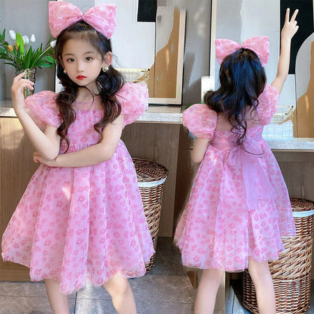 Girls Mesh Floral Puff Sleeve Princess Dress – Kids Fashion Nepal | Tudoholic