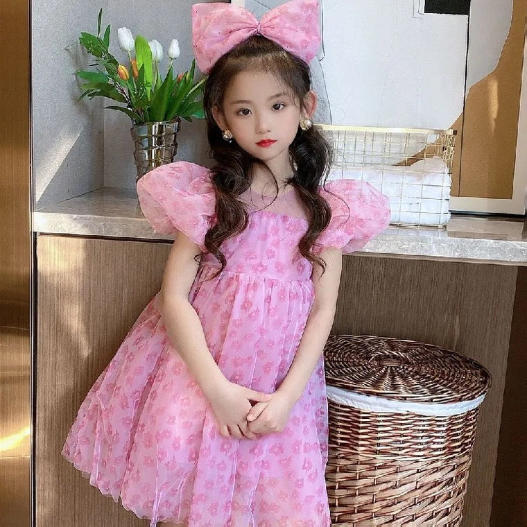 Girls Mesh Floral Puff Sleeve Princess Dress – Kids Fashion Nepal | Tudoholic