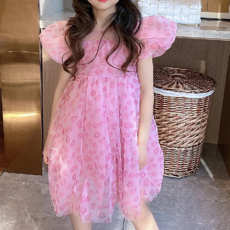Girls Mesh Floral Puff Sleeve Princess Dress – Kids Fashion Nepal | Tudoholic