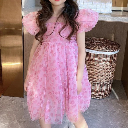Girls Mesh Floral Puff Sleeve Princess Dress – Kids Fashion Nepal | Tudoholic
