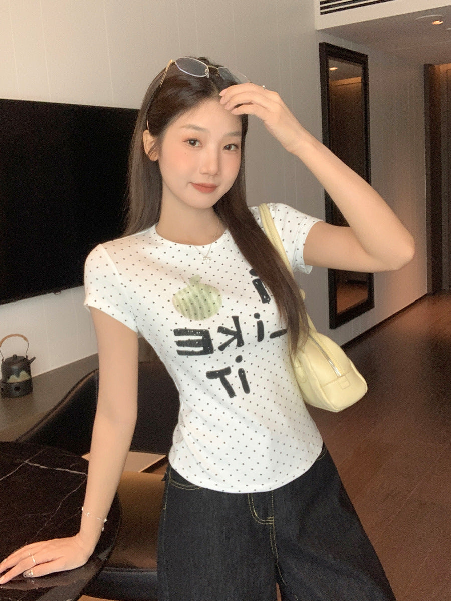 Polka Dot Letter Print Slim Fit T-Shirt Women Summer
