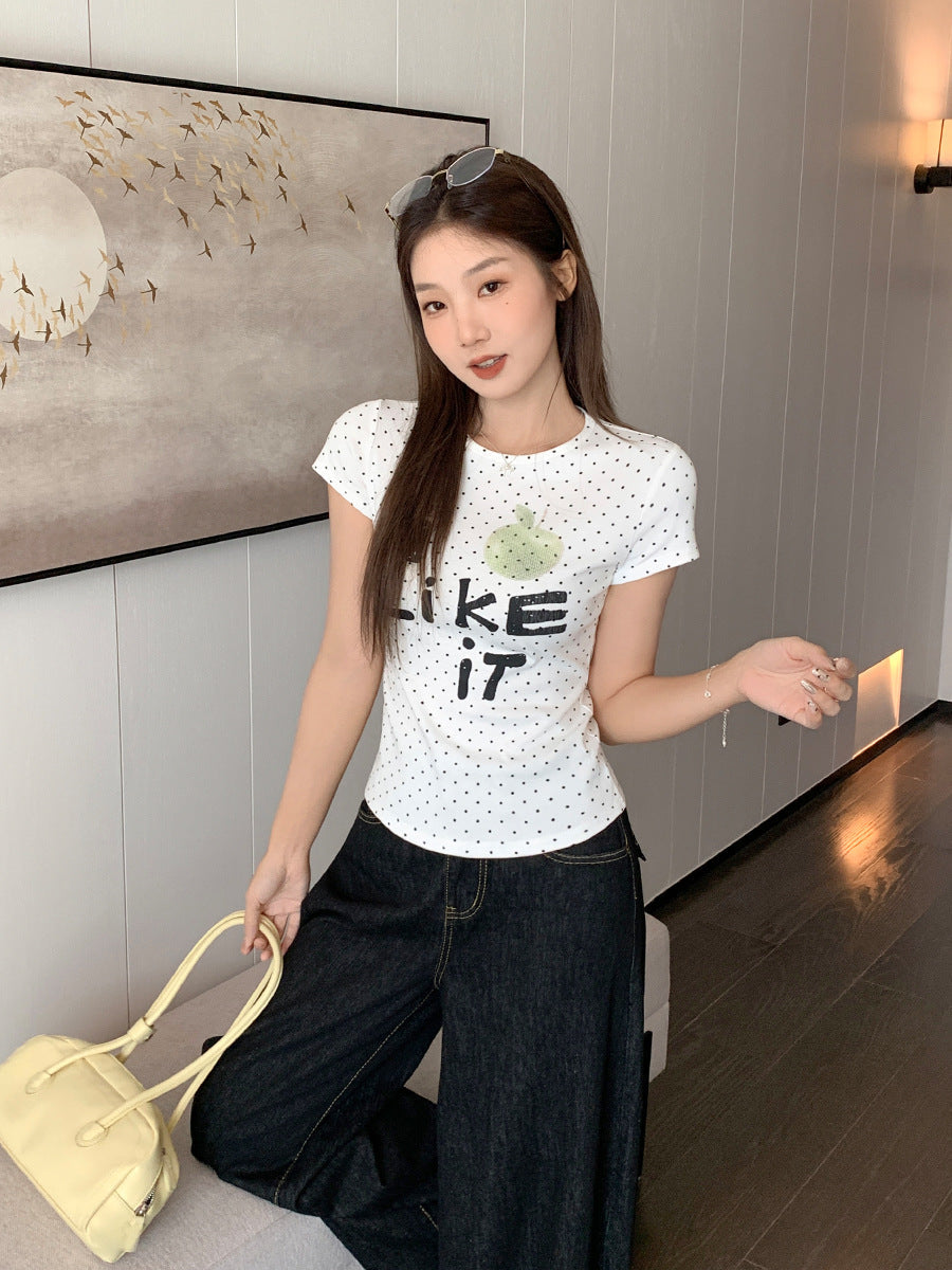 Polka Dot Letter Print Slim Fit T-Shirt Women Summer