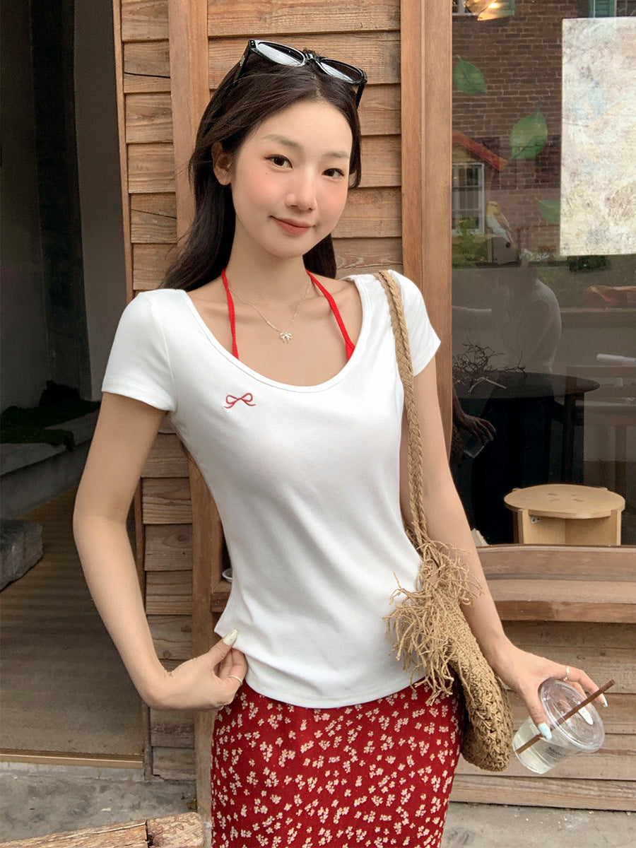Korean Bowknot Embroidery Off-Shoulder T-Shirt Women