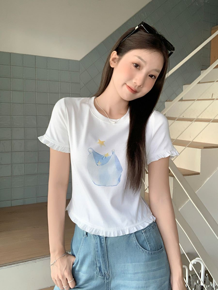 Ruffled Edge Printed Slim Fit T-Shirt Women Summer