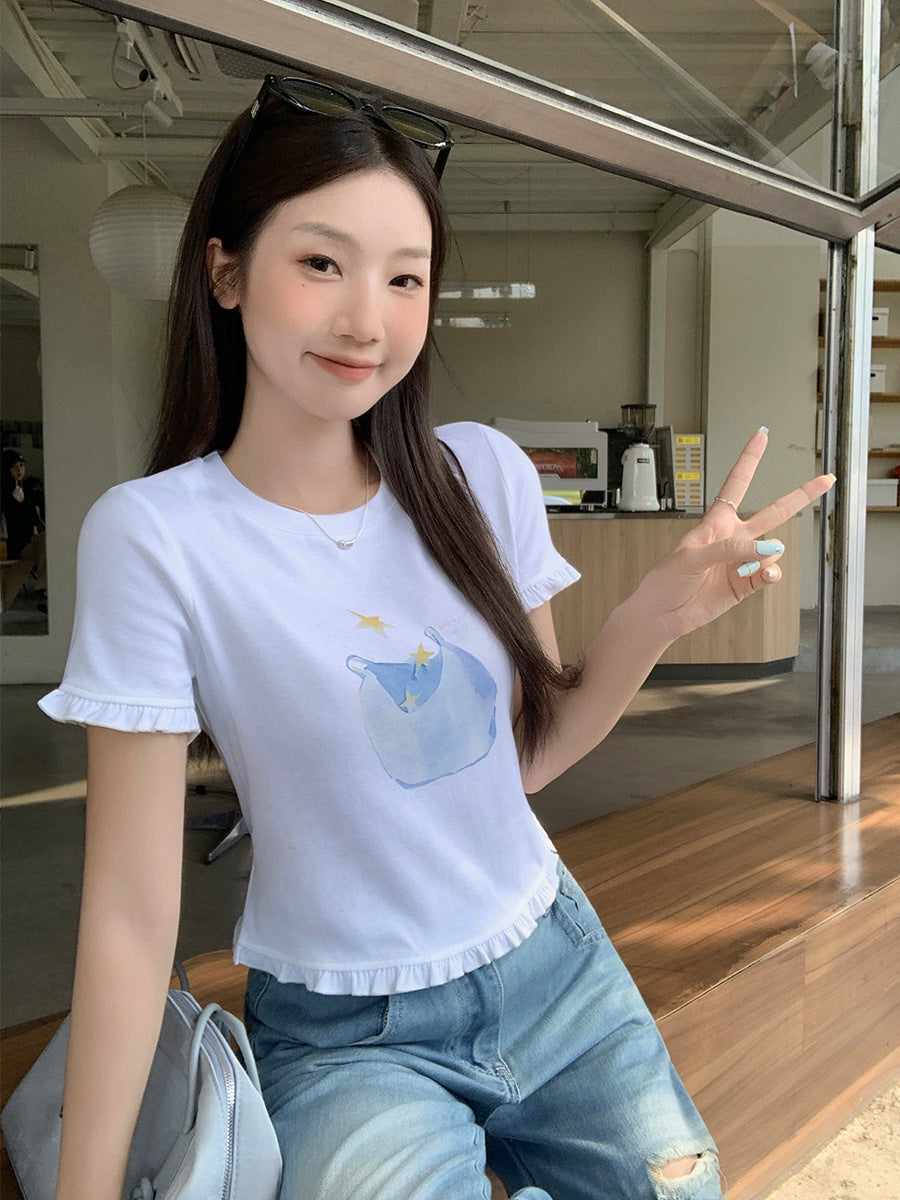 Ruffled Edge Printed Slim Fit T-Shirt Women Summer