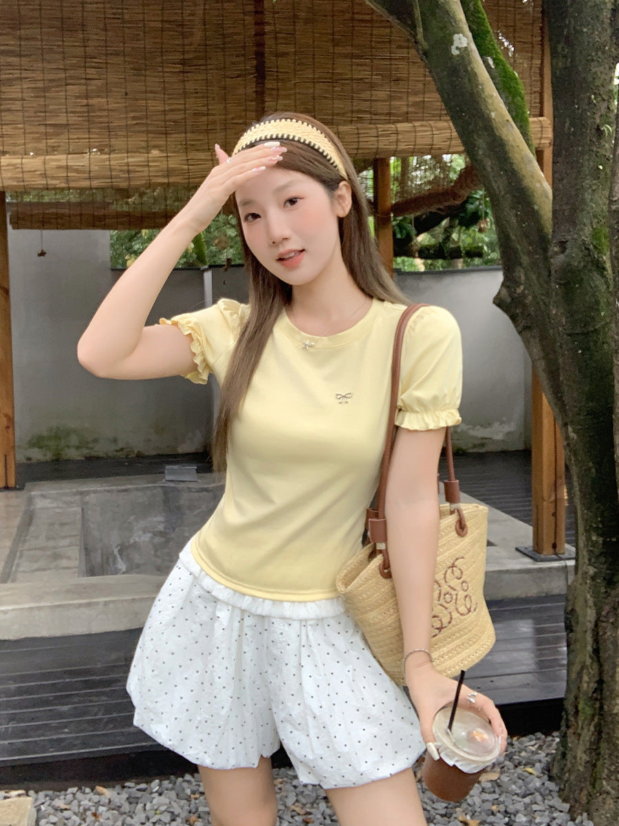 Cream Bow Lace Puff Sleeve T-Shirt for Women Summer Top