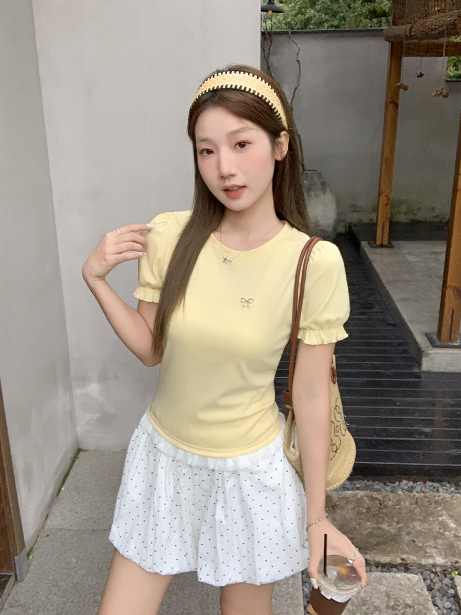 Cream Bow Lace Puff Sleeve T-Shirt for Women Summer Top