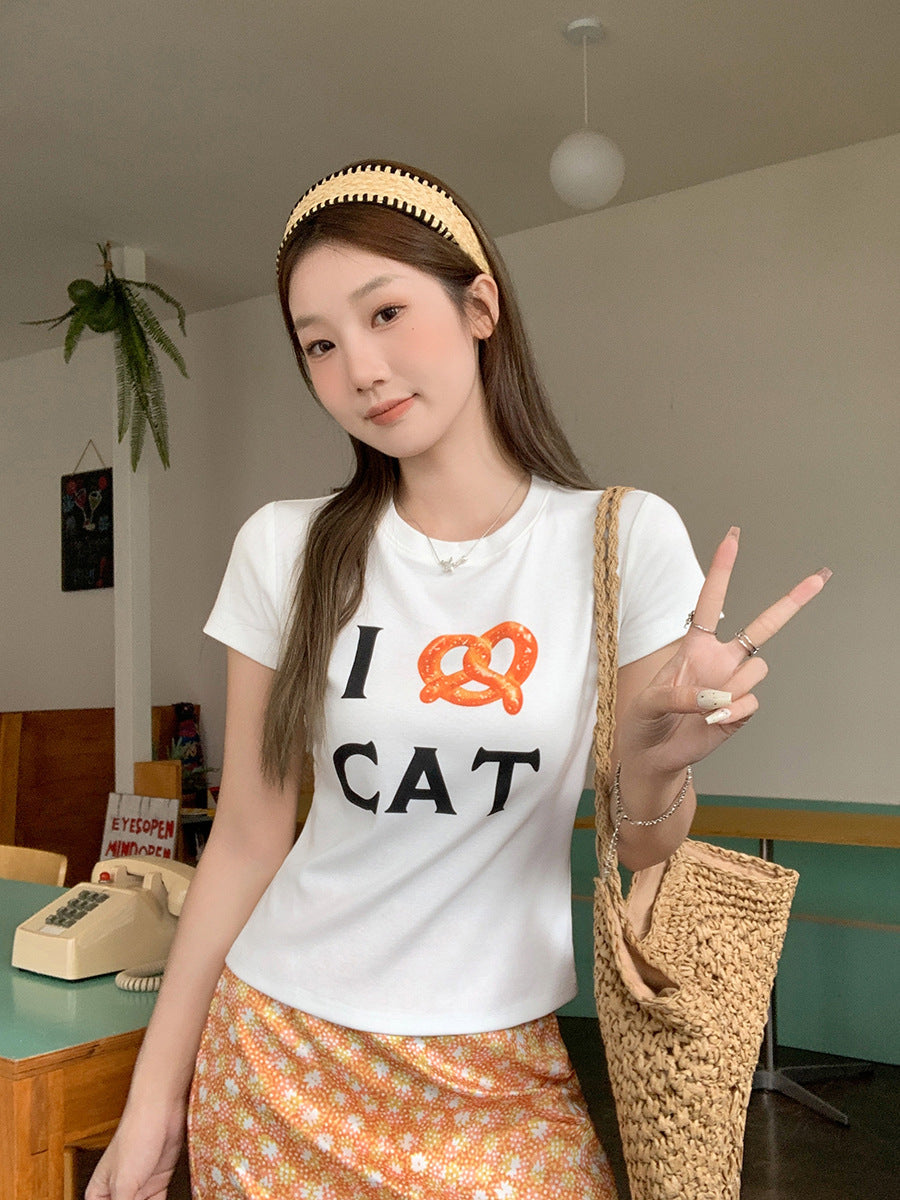 White Letter Print Slim Fit Women Summer T-Shirt 2026