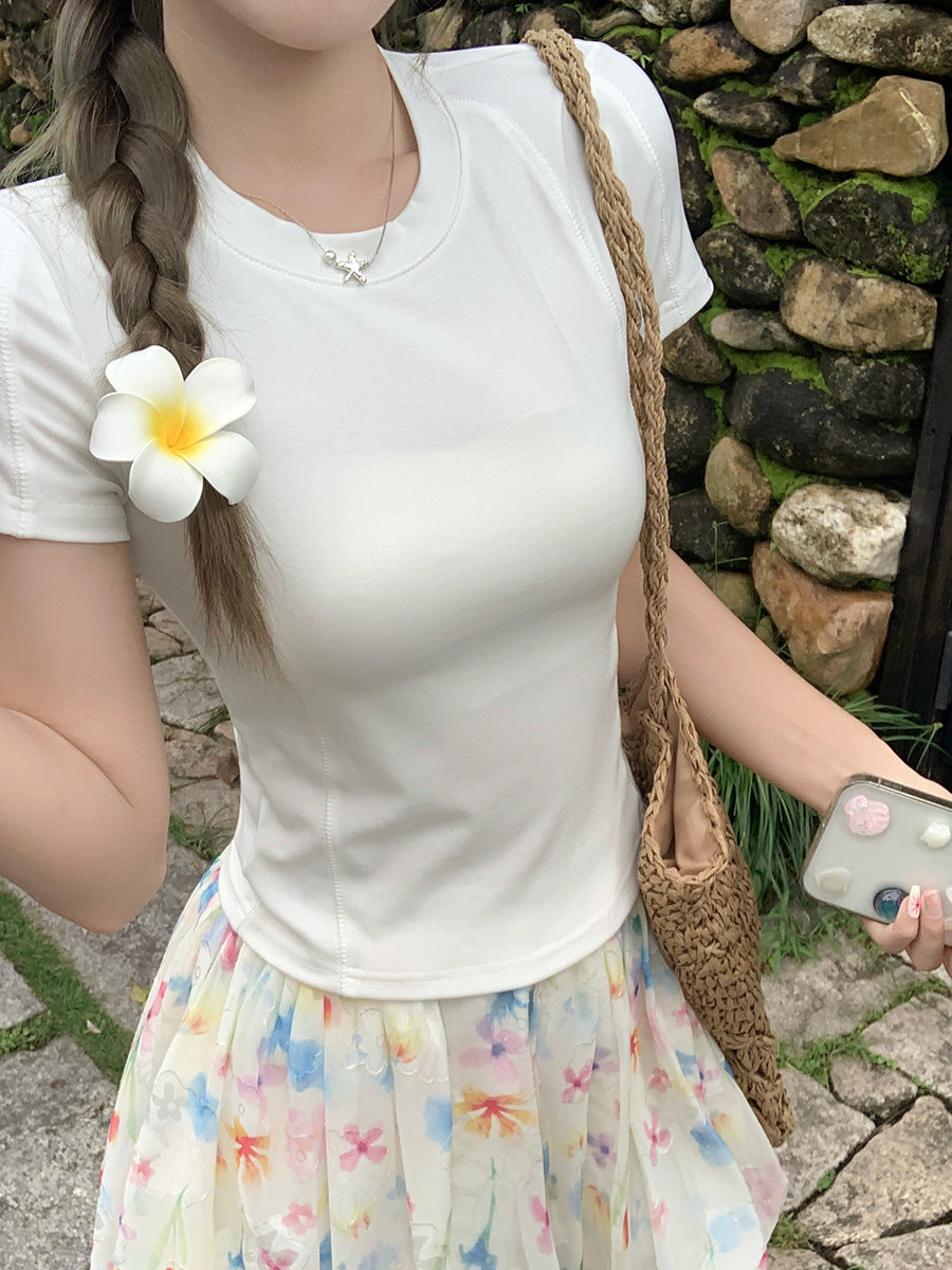 Korean White Stitching Round Neck Women Summer T-Shirt