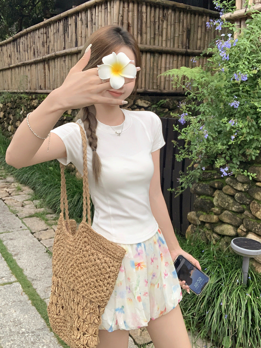 Korean White Stitching Round Neck Women Summer T-Shirt