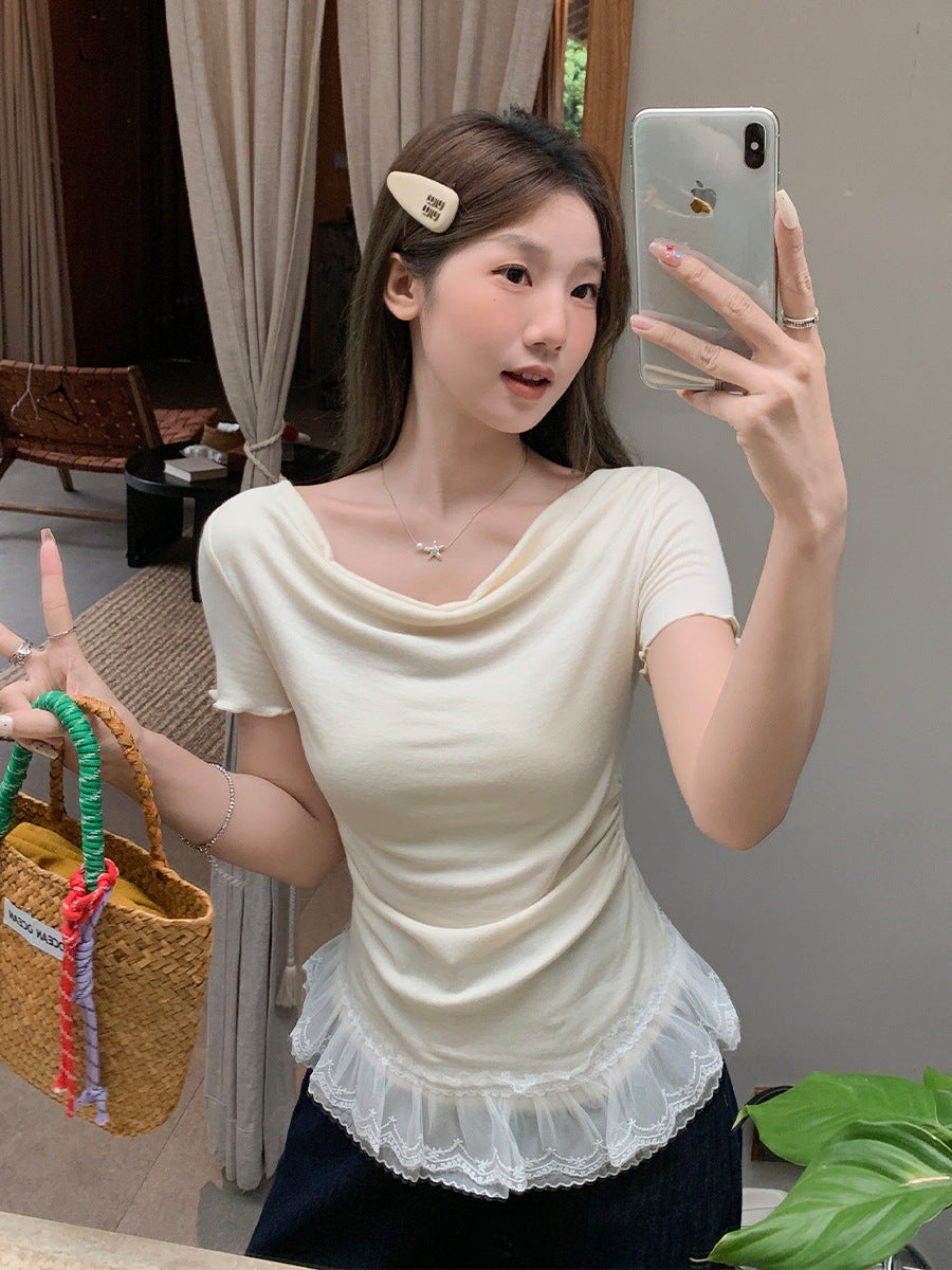 Lace Ruffle Hem Ruched Crop Top Women Summer T-Shirt