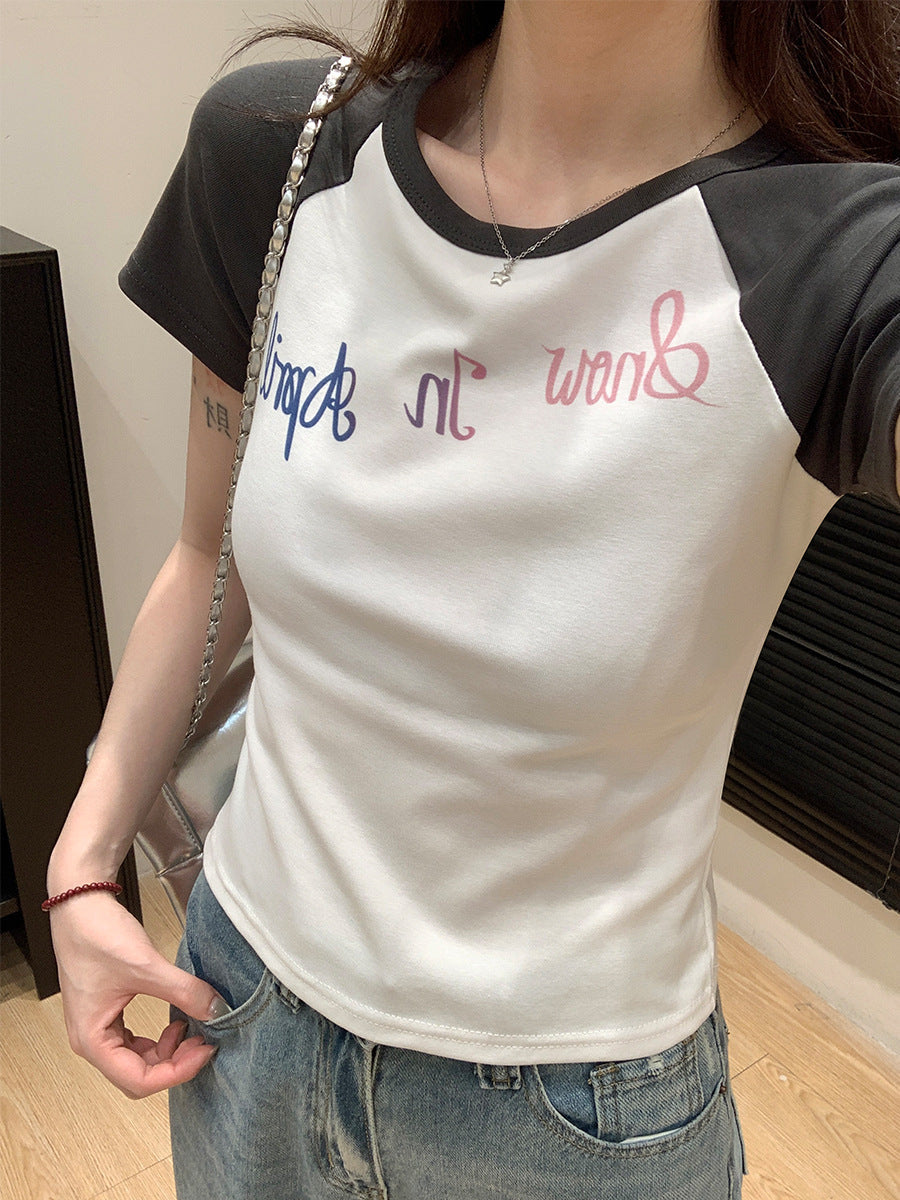 Color Block Letter Print Women Summer T-Shirt 2026