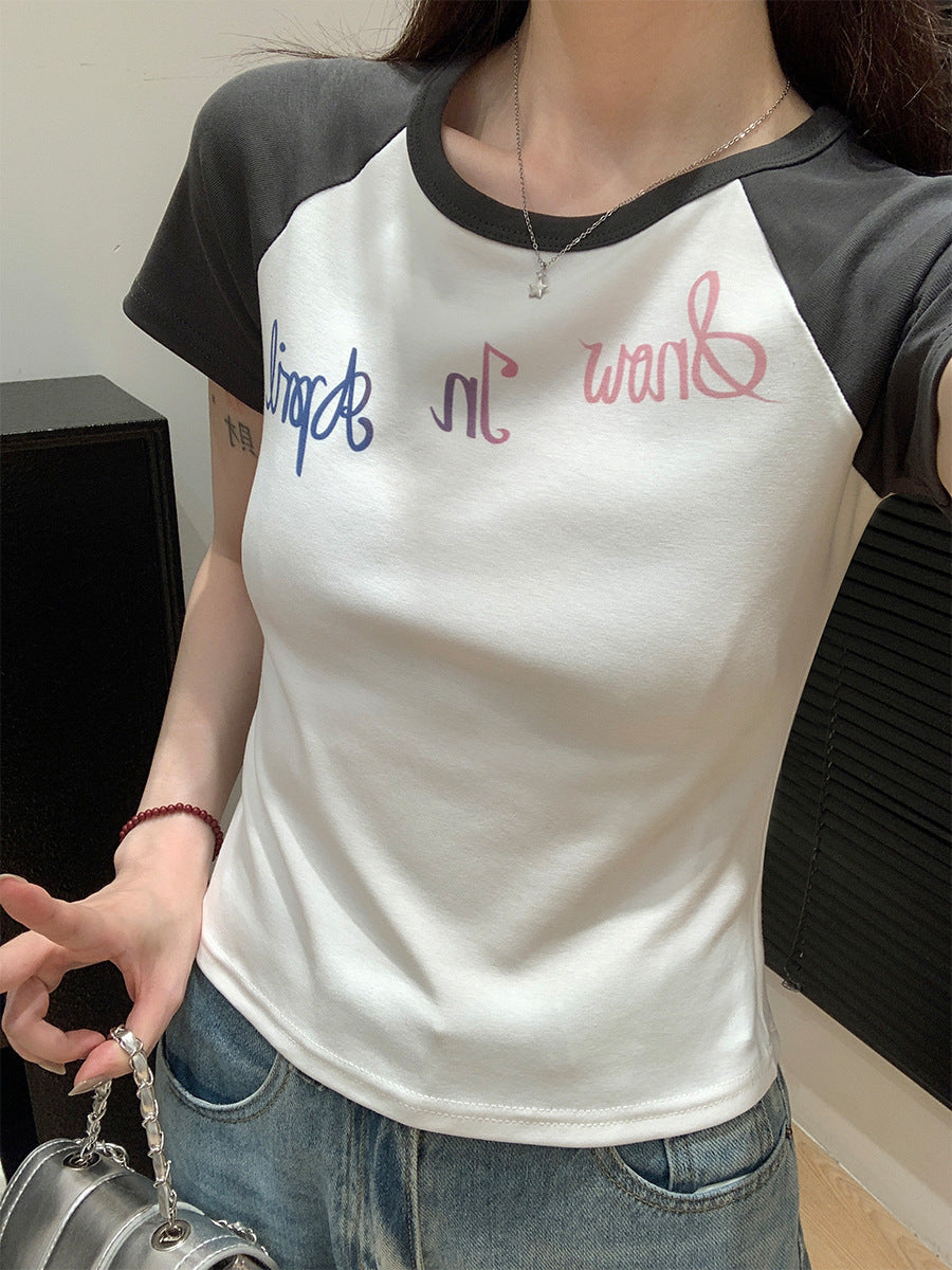 Color Block Letter Print Women Summer T-Shirt 2026