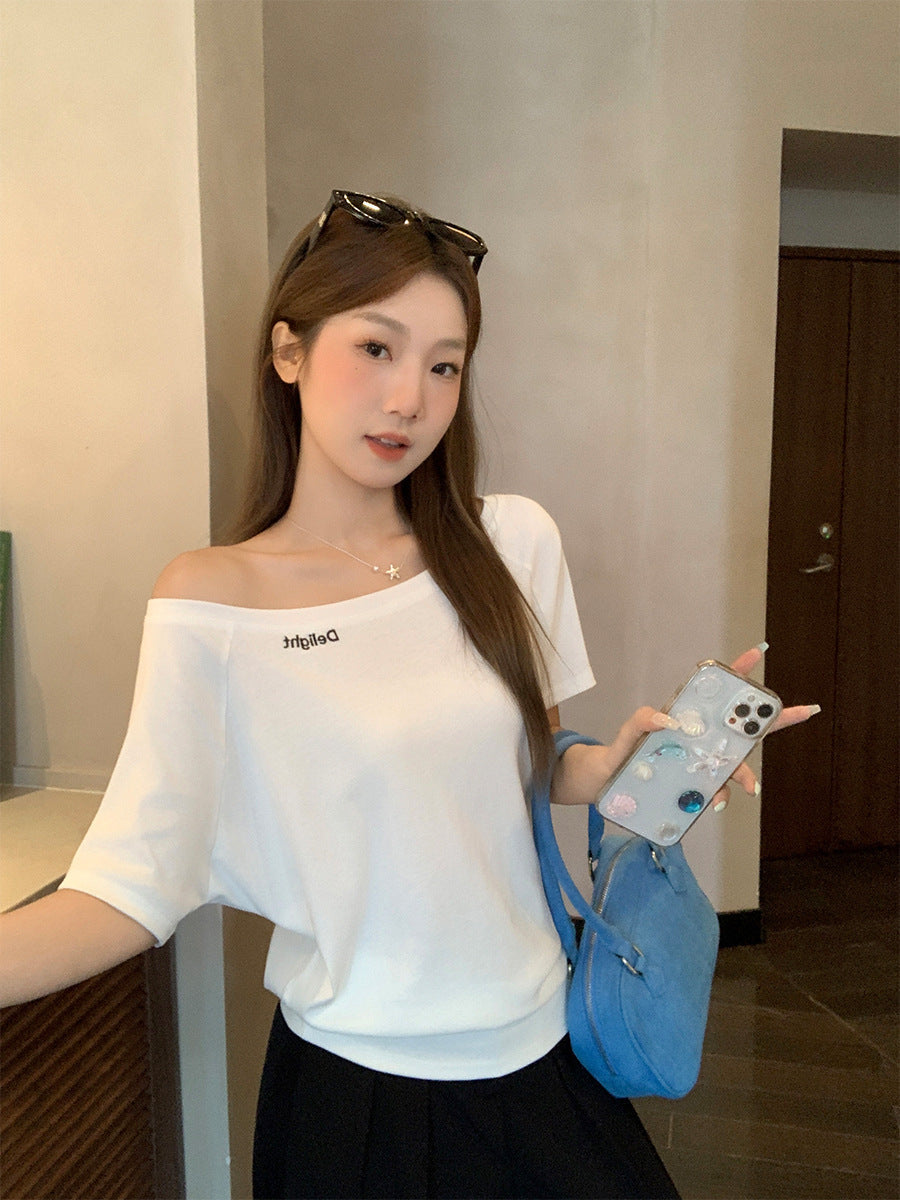 White Off Shoulder Letter Embroidery Women T-Shirt 2026