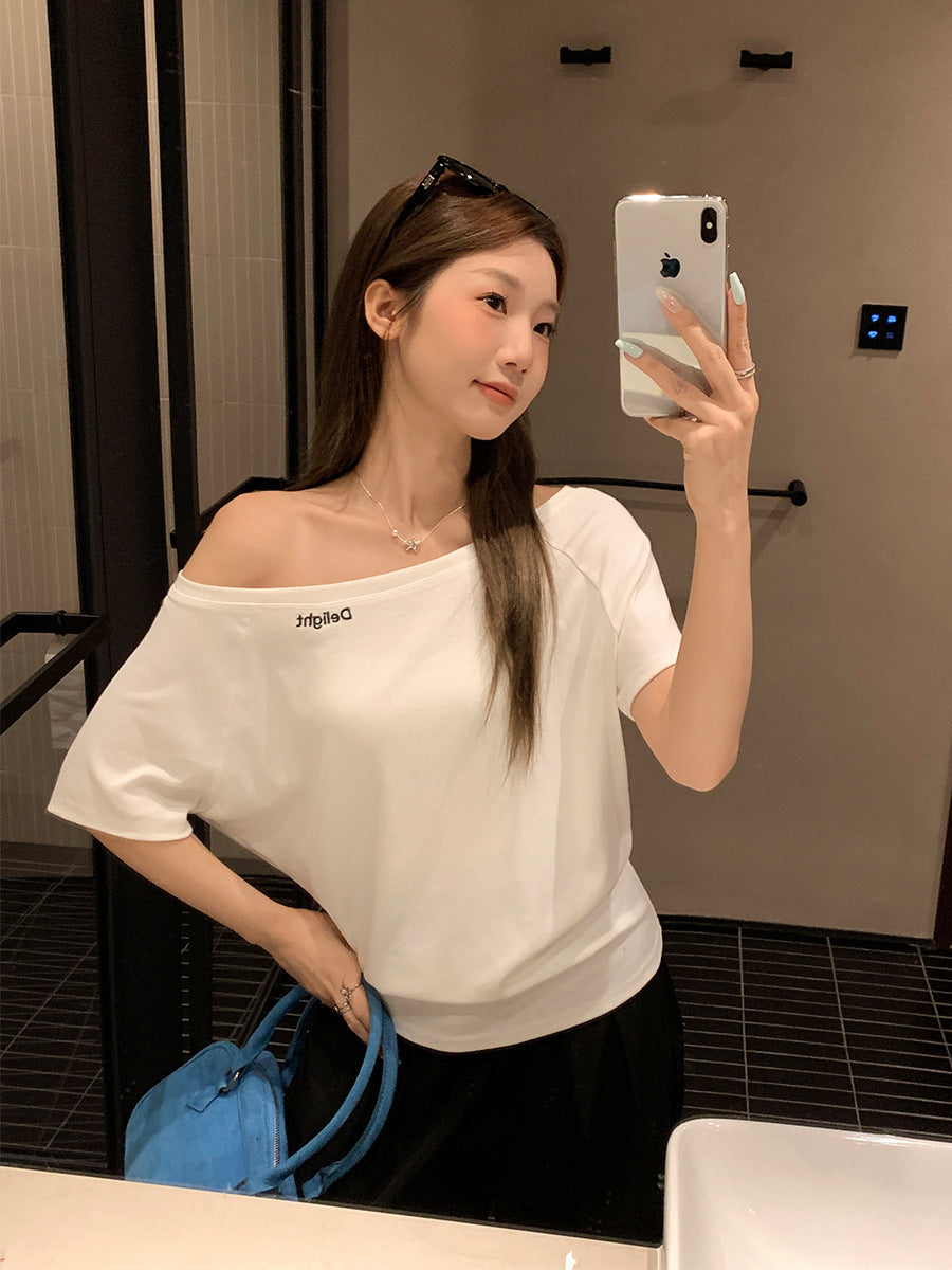 White Off Shoulder Letter Embroidery Women T-Shirt 2026
