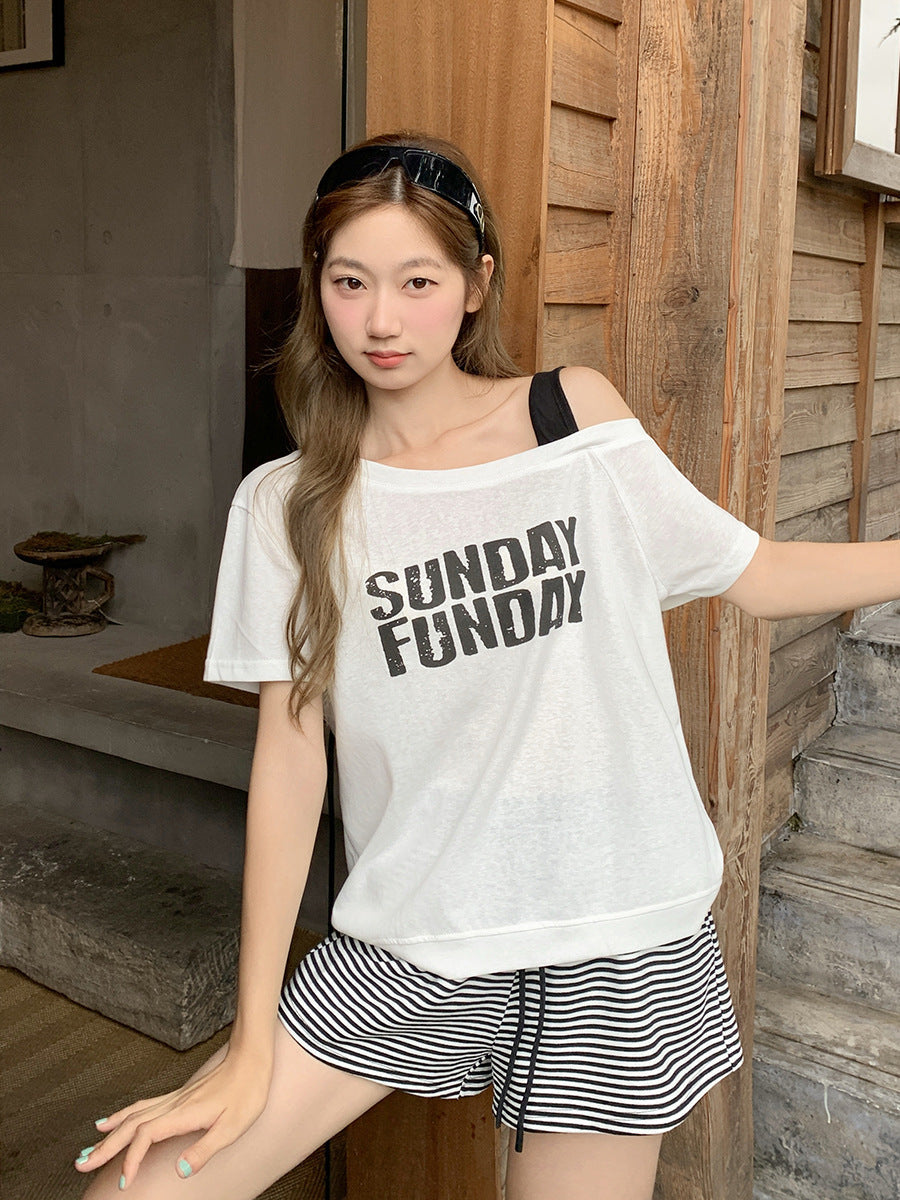 Korean Off Shoulder Color Block Women Summer T-Shirt